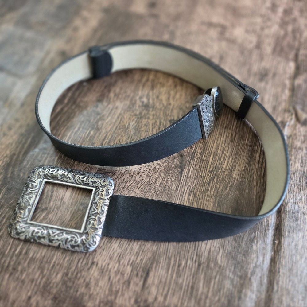 CHICO'S Belt Women ML Black Leather Ornate Silver Buckle Gemstone Statement